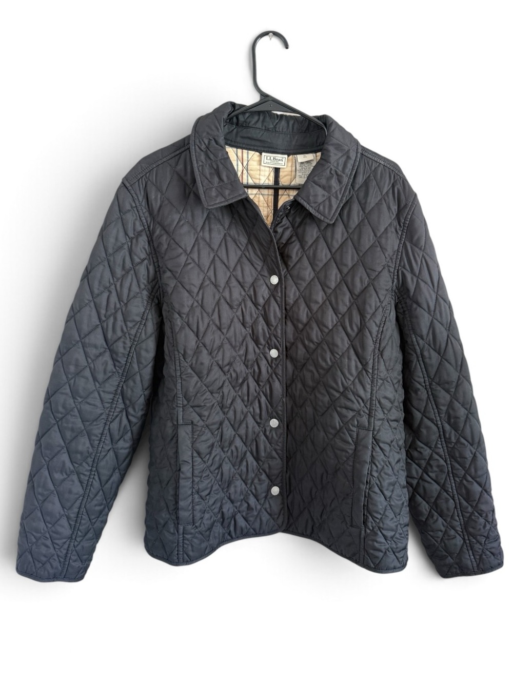 Vtg L.L.Bean Women's Black Diamond Quilted Riding Jacket Tan Plaid Lining XL